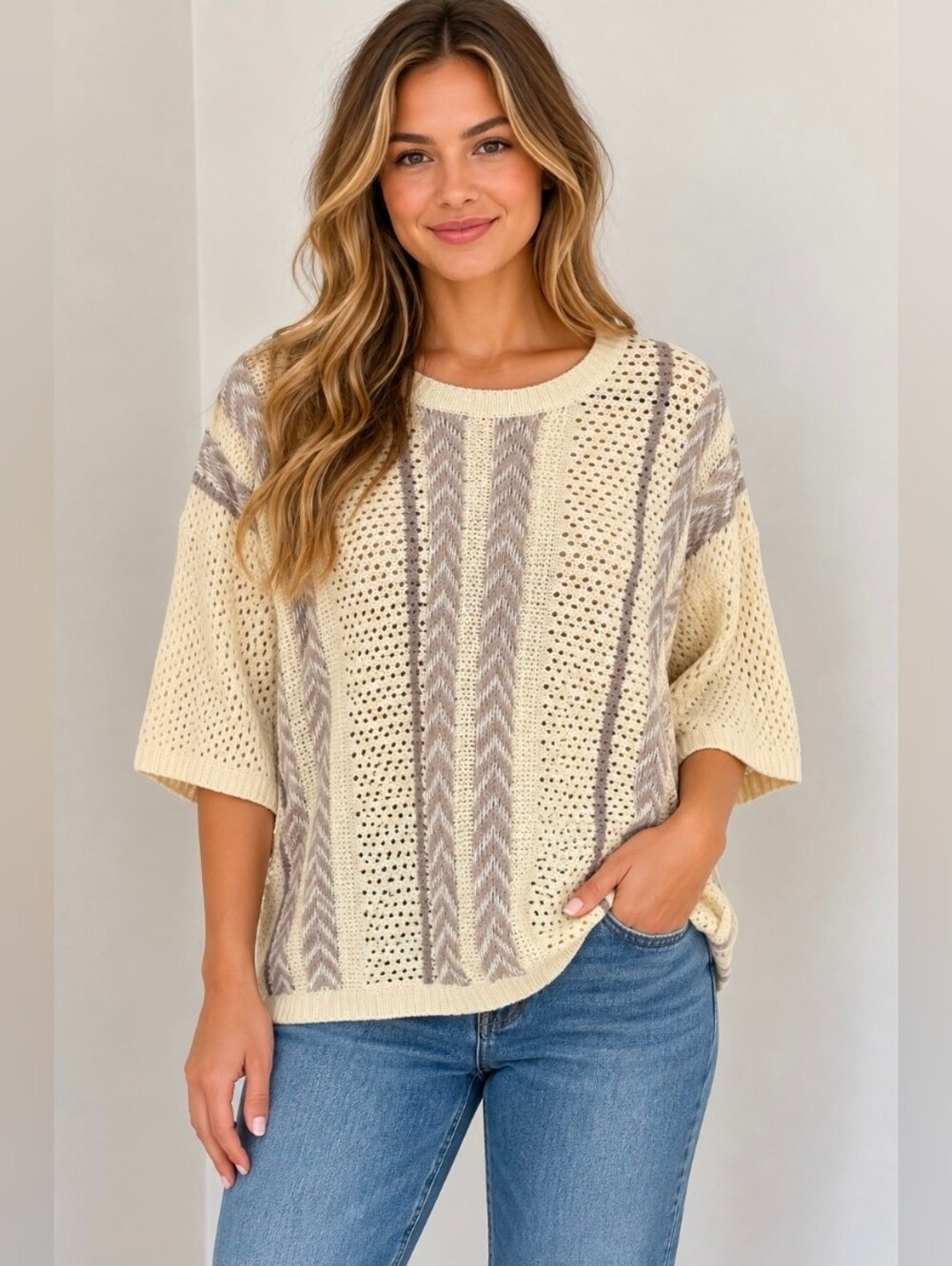 La Meil Cream Knit Short-Sleeve Sweater with Gray Stripe Detail